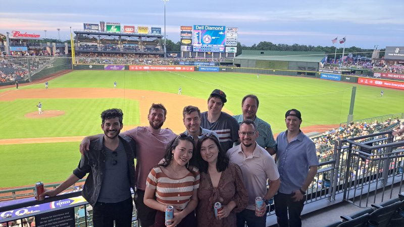 A photo of old and new friends for a joint bachelor, bachelorette party in Austin, TX.