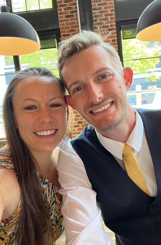 Emily and I taking a photo between a wedding and its reception in Ohio.